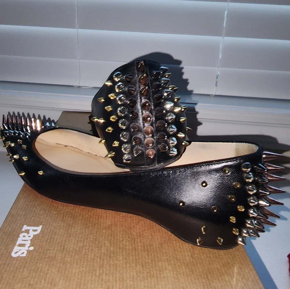 Christian Louboutin Black Spiked Pointed-Toe Flats size 37.5
